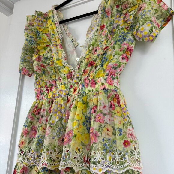 LoveShackFancy Aldina Mini Dress Sz Small Yellow Floral Print Tiered Ruffle - Picture 9 of 9